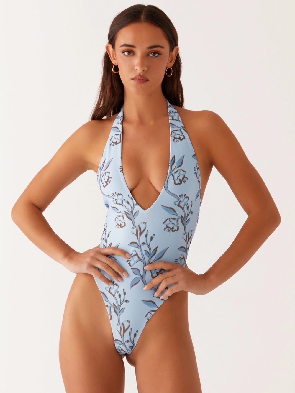 Peppermayo Light Blue Floral Halter One-Piece Swimsuit